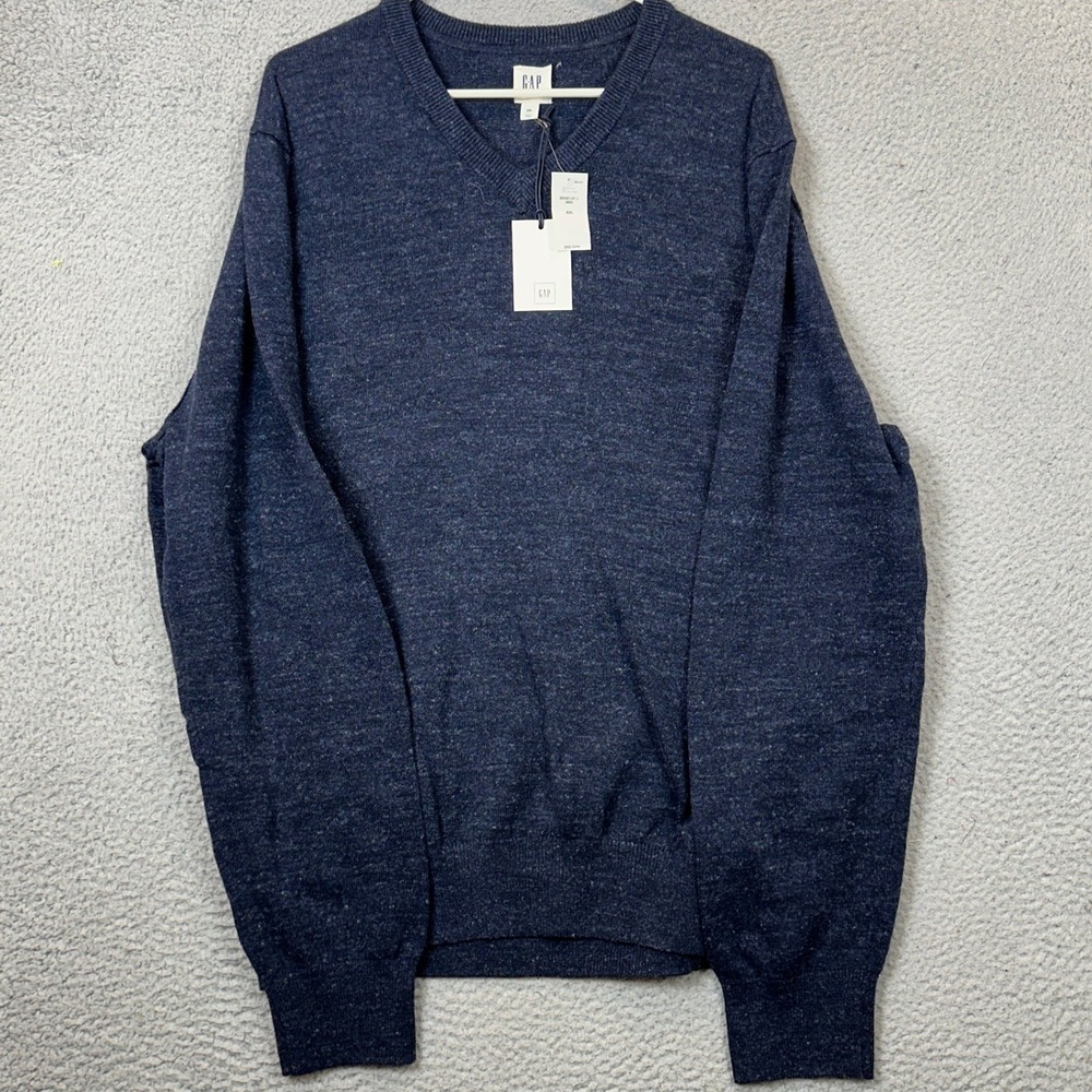 NEW GAP Sweater Mens 2XL V-Neck Navy Blue Heathered Knit Pullover Long Sleeve